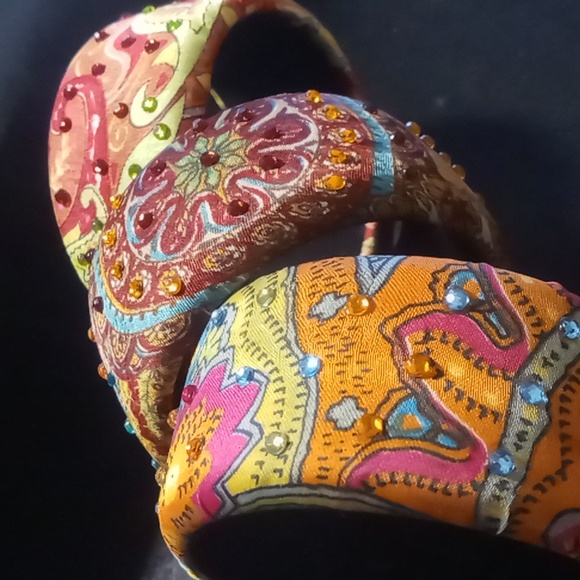 Silk covered with rhinestone bracelets colorful boho 2.5 across 1.5 in. wide. - Picture 1 of 7